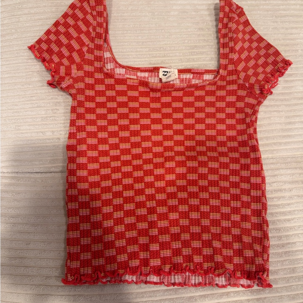 Billabong Red and Cream Checker Short Sleeve Knit Top